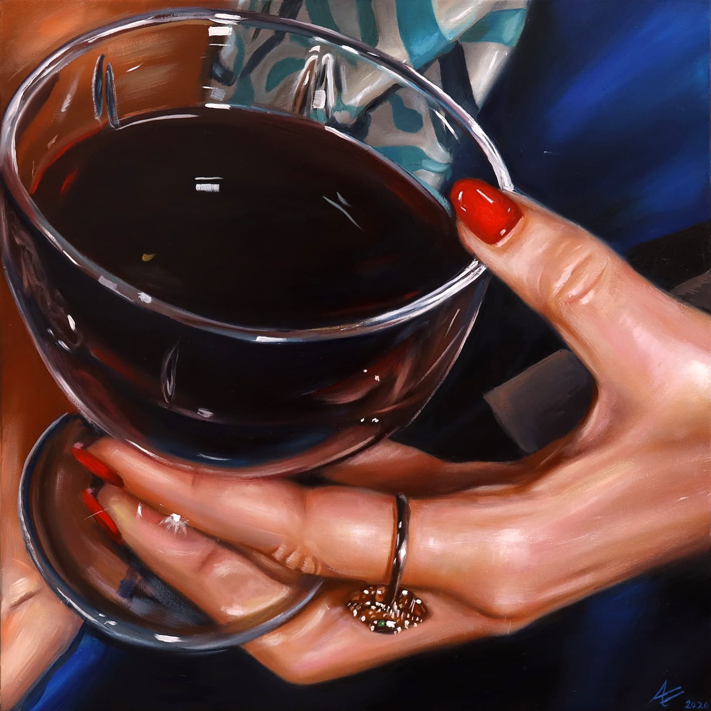 Antonio Ovejero, Il bicchiere di vino, 2026, olio su tela, 50 × 50 cm. Courtesy ABC-ARTE.