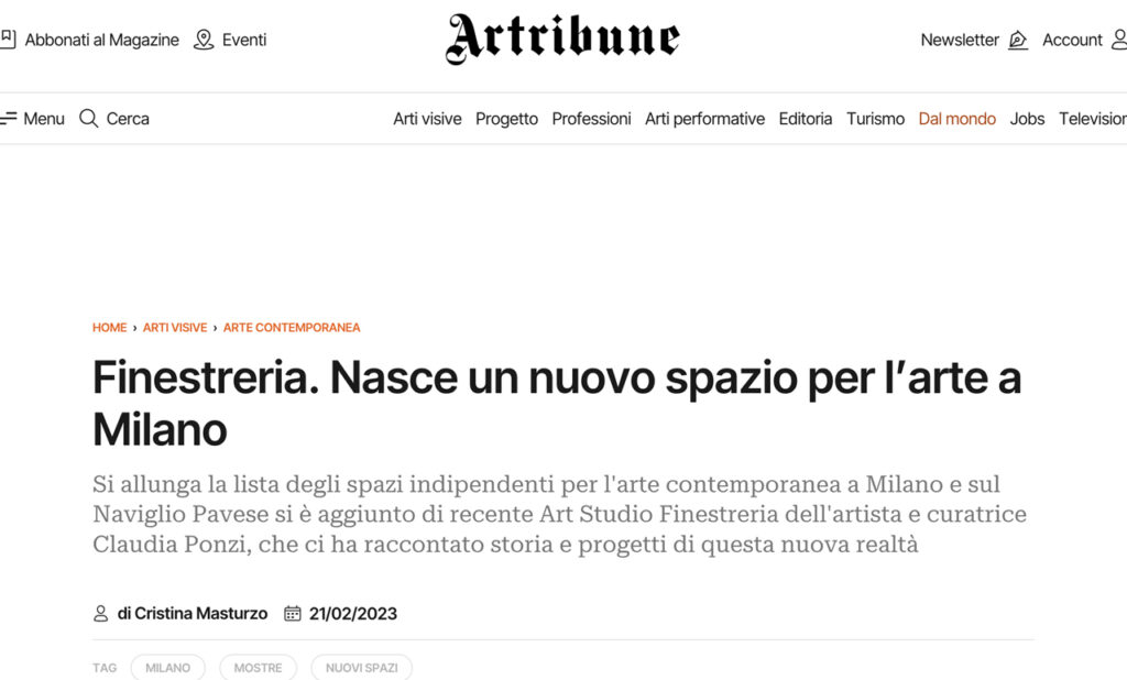 Artribune: Finestreria, un nuovo spazio per l’arte a Milano